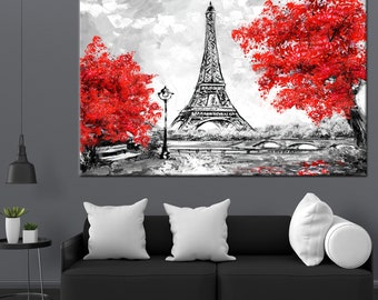 May include: A black and white painting of the Eiffel Tower in Paris, France. The tower is in the center of the painting, with two red trees on either side. The painting is set against a gray background.