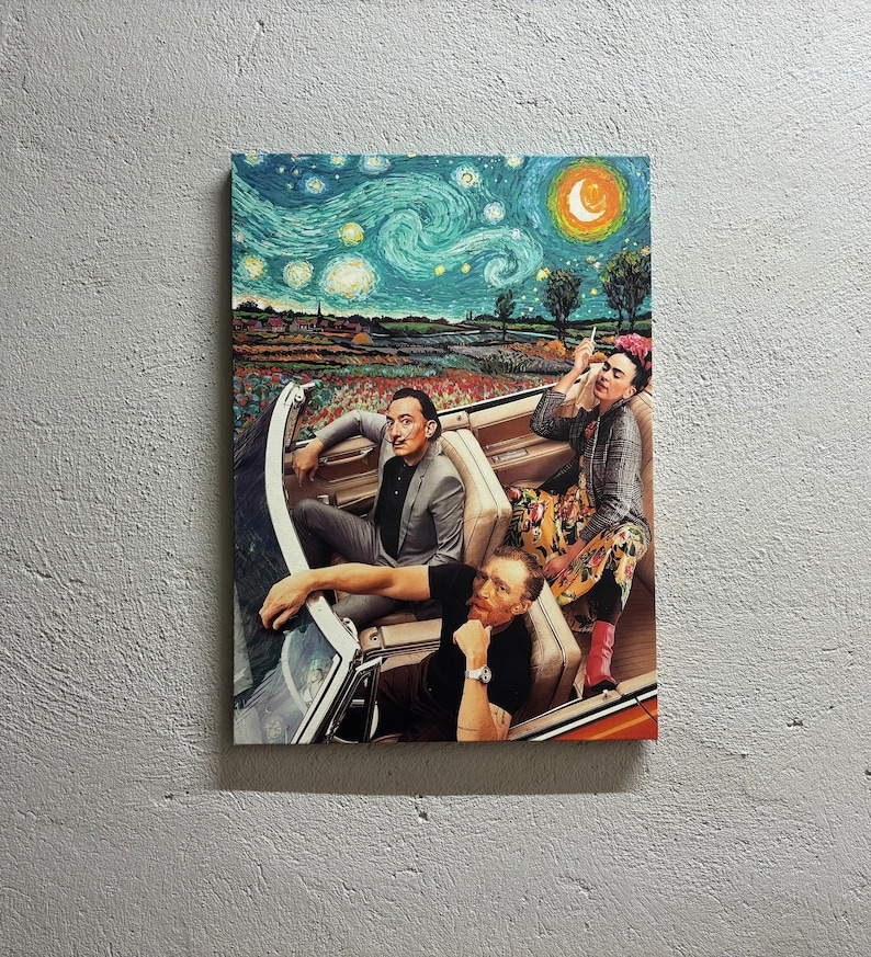 May include: A vintage convertible car with a blue and yellow starry night sky background. Three people are in the car, one is wearing a red hat and a yellow dress, another is wearing a black suit and a mustache, and the third is wearing a black shirt and a beard.