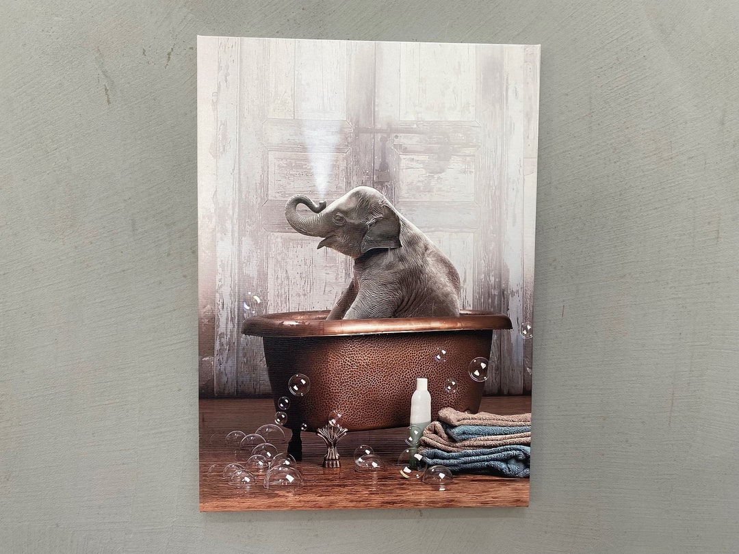 Bathtub Elephant Art, Elephant Wall Decor, Elephant Bathroom Canvas Art ...