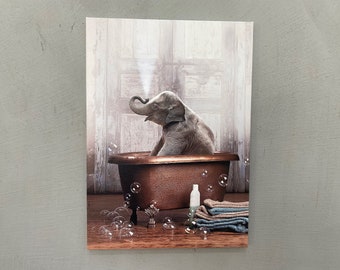 Bathtub Elephant Art, Elephant Wall Decor, Elephant Bathroom Canvas Art, Animal Artwork, Bathroom Poster, Cute Elephant Poster,