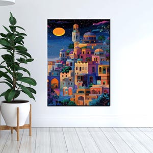 Bunte arabische Stadt Leinwand Wandkunst, Nacht Mond Naher Osten Poster, lebendige Architektur Fantasy Druck für Boho oder Exotisches Dekor