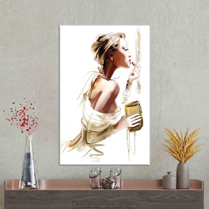 Impresión artística de lápiz labial de mujer elegante, arte de pared femenino de moda, póster moderno de mujer en acuarela para decoración de tocador, lienzo, decoración de pared.