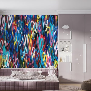Banksy Liebe Herzen Wandbild, Banksy Bunte Herzen Wandbild, Bunte Wandkunst, Graffiti Wandposter, Mehrfarbiges Wandbild, Bild 3
