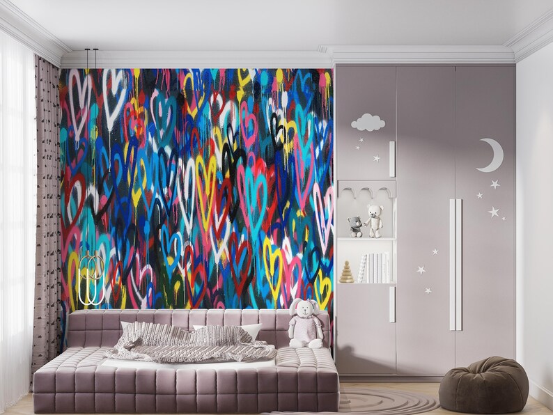Banksy Liebe Herzen Wandbild, Banksy Bunte Herzen Wandbild, Bunte Wandkunst, Graffiti Wandposter, Mehrfarbiges Wandbild, Bild 3