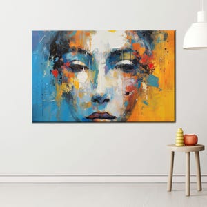 Lienzo abstracto con rostro de mujer, póster con expresión de color, impresión moderna en azul y amarillo intenso para decoración creativa del hogar o estudio.
