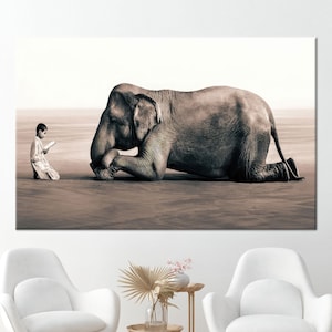 Junge liest Druck, moderne Wanddekoration, Junge liest Elefanten Kunst Leinwand, surreale Leinwand Druck, Elefant Wanddekoration, Wohnzimmer Wandkunst,