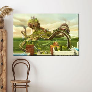 Lienzo de viaje en tren surrealista, póster de paisaje fantástico con colinas y castillos, impresión de naturaleza caprichosa para una decoración de ensueño.