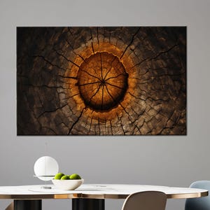 Lienzo abstracto de anillos de árbol para pared, póster con textura de madera quemada, estampado con patrón natural en tonos tierra para decoración rústica o moderna.