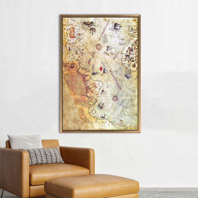 Piri Reis Map, Trendy Wall Decor, Map Artwork, Antique Map Wall Art, Vintage Map Poster, Piri Reis Wall Decor, World Map Canvas Art, Gold Framed