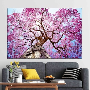 Lienzo de árbol en flor rosa, decoración de pared con naturaleza primaveral, póster de árbol en flor vibrante, impresión en lienzo de algodón fresco, arte forestal colorido