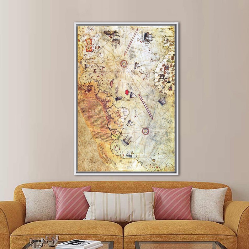 Piri Reis Map, Trendy Wall Decor, Map Artwork, Antique Map Wall Art, Vintage Map Poster, Piri Reis Wall Decor, World Map Canvas Art, White Framed
