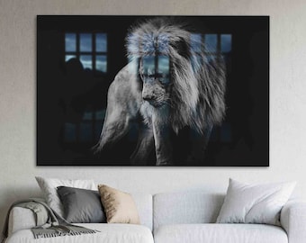 Wandbild, gehärtetes Glas, Glas-Wand-Dekor, Löwe-Glaskunst, Löwe-Foto-Glaswand-Kunst, afrikanische Löwe-Wandkunst,