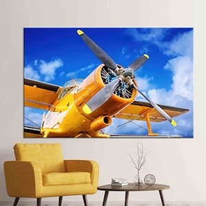 Arte de pared vintage de avión amarillo, impresión en lienzo de avión de hélice, decoración de aviación, póster de avión retro para pilotos o amantes de los vuelos.