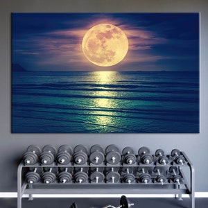 Lienzo de luna llena sobre el océano, decoración de pared con vistas al mar y a la luz de la luna, póster de cielo nocturno oceánico, impresión de paisaje con reflejo lunar