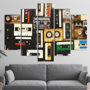 Music Art, Tapes Printed, Cassette Canvas, Old Cassette Printed, Retro Wall Art, Vintage Cassette Art Canvas, Vintage Canvas, 5P Mix:Gallery Wrap