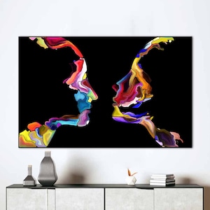 Silueta de pareja abstracta colorida, lienzo artístico de regalo para pareja, póster de regalo del día de San Valentín, arte en lienzo para pareja, arte en lienzo colorido para pareja