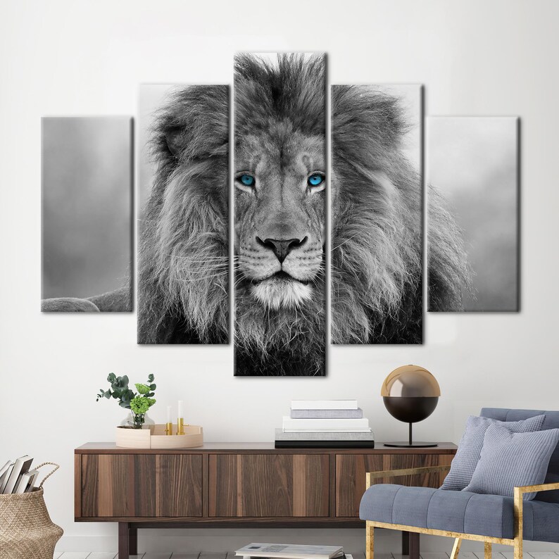 Blau gemusterter Löwe Wandbild, Tierleinwand Kunst, Wildtier Wandkunst, Loft Wandkunst, Wildtier Leinwand, Löwe-Wand-Dekor, Wilde Löwen-Wandkunst, Bild 6