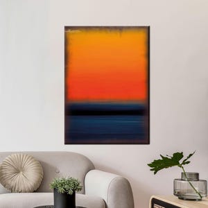 サンセットホライゾンキャンバスウォールアート、大胆なオレンジとブルーのグラデーションポスター、モダンまたは海岸沿いの装飾に最適なミニマルな抽象的な海の景色プリント
