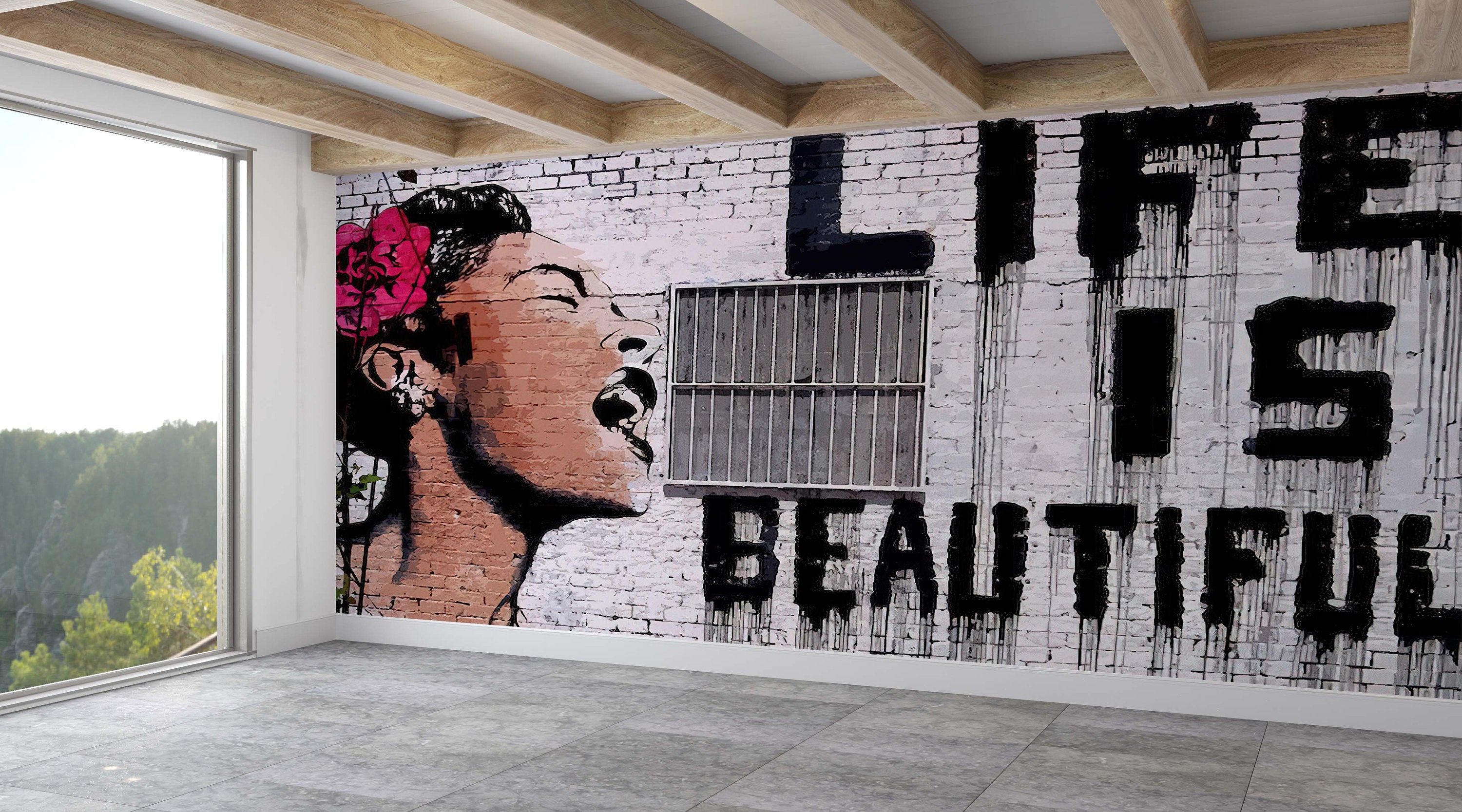 Woman Graffiti Wall Decor, Life is Beautiful Wall Art, Street Wall Paper,  Painting Wall Painting, Banksy Woman Mural, 