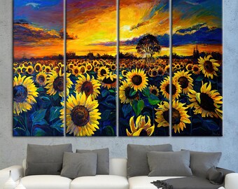 ひまわり畑の絵画、夕焼けの自然風景キャンバスアート、ひまわり畑の