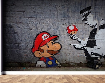 Graffiti Wandbild, Super Mario Graffiti Wandpapier, Spielezimmer Wandkunst, Mario Graffiti Wandbild, Banksy Wandpapier, Straßenwandplakat,