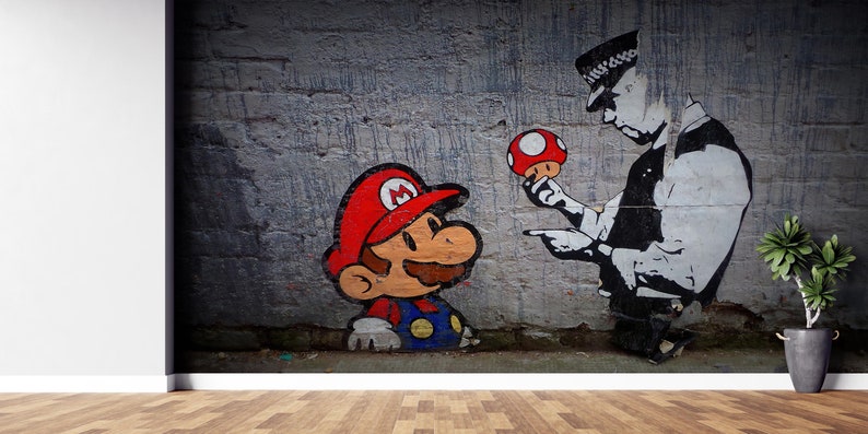 Graffiti Mural, Super Mario Graffiti Wall Paper, Gaming Room Wall Art, Mario Graffiti Mural, Banksy Wall Paper, Street Wall Poster, image 1