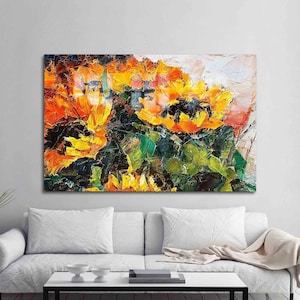 Decoración de pared de vidrio, vidrio templado, arte de pared, pintura de ramo de girasoles, impresión de pintura al óleo, arte de pared de ramo de girasoles,