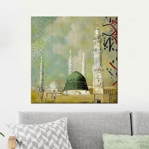 May include: A painting of a mosque with a green dome and multiple minarets. The mosque is set against a background of a light blue sky with white clouds. The painting is done in a style that is reminiscent of Islamic art.