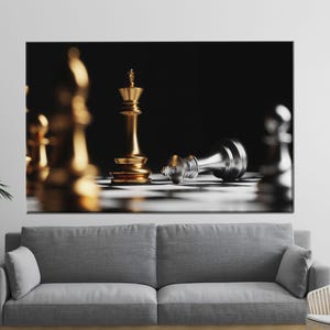 Schach Strategie Leinwand Wandkunst, Gold und Silber King Checkmate Poster, mutiges minimalistisches Spiel für Büro oder intellektuelles Dekor