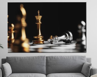 Lienzo decorativo de estrategia de ajedrez, póster de jaque mate del rey dorado y plateado, impresión minimalista audaz para oficina o decoración intelectual.