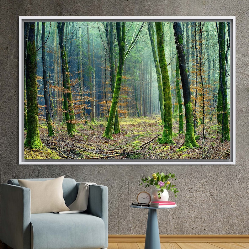 Misty Forest Canvas Wall Art, Enchanted Woodland Nature Print, Tranquil ...