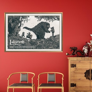 May include: A black and white illustration of a scene from the film Labyrinth. The illustration features a large, furry creature with a human-like face, a young girl, and a group of smaller creatures. The text "Labyrinth" is printed at the bottom of the illustration.