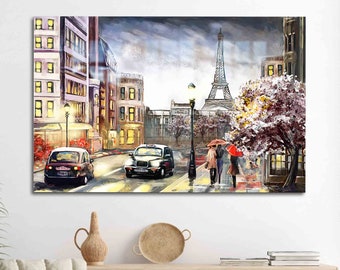 May include: A painting of a Parisian street scene with the Eiffel Tower in the background. Two people walk under red umbrellas in the rain, while a black taxi drives down the street. The buildings are painted in a soft, muted palette, and the sky is a cloudy gray.