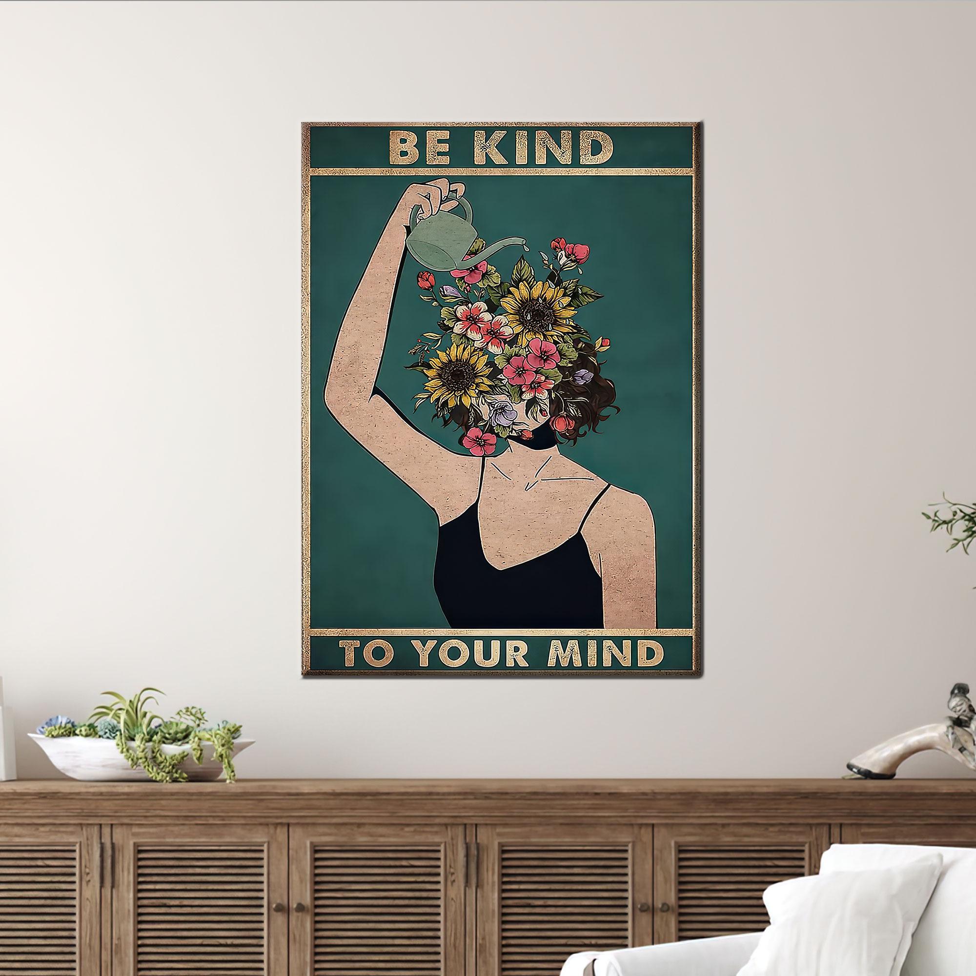 Be Kind to Your Mind Canvas Wall Art, Mental Health Floral Head Poster, Inspirational Wellness Print for Therapy Office or Self-Care Decor