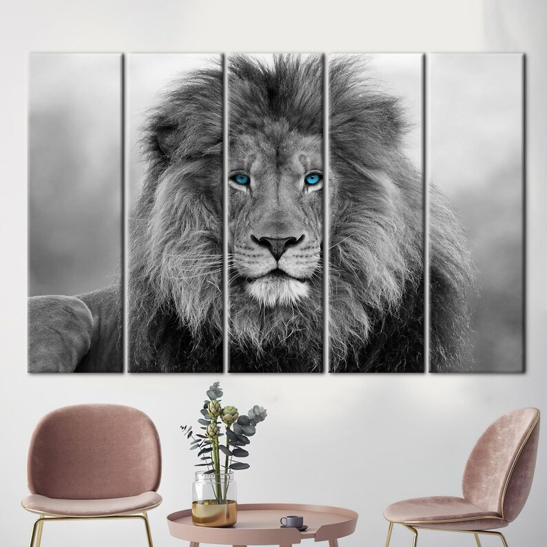 Blau gemusterter Löwe Wandbild, Tierleinwand Kunst, Wildtier Wandkunst, Loft Wandkunst, Wildtier Leinwand, Löwe-Wand-Dekor, Wilde Löwen-Wandkunst, Bild 5