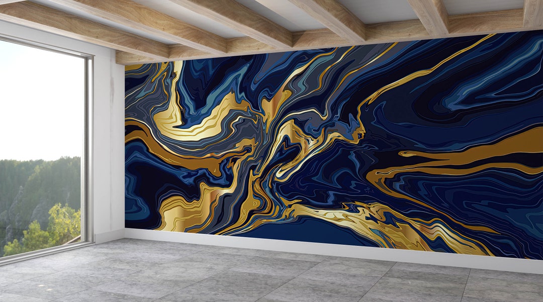 Abstract Wall Mural, Gold Marble Wall Paper, Navy Blue Marble Wall ...