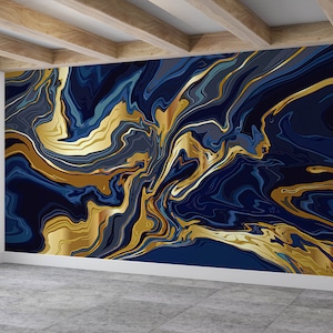 Abstract Wall Mural, Gold Marble Wall Paper, Navy Blue Marble Wall Decor, Contemporary Mural, Gold Wall Art, Marble Wall Mural,