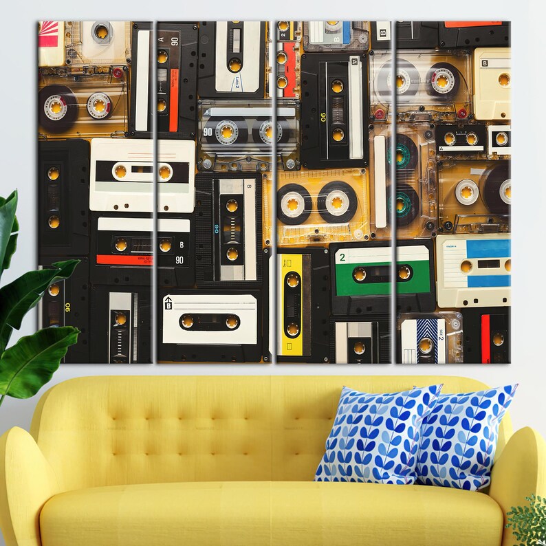 Music Art, Tapes Printed, Cassette Canvas, Old Cassette Printed, Retro Wall Art, Vintage Cassette Art Canvas, Vintage Canvas, 4P: Gallery Wrapped