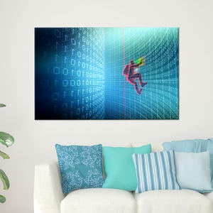 May include: A digital illustration of a person climbing a wall of binary code. The person is wearing a red shirt and black pants. The background is a blue and green gradient with a red line.