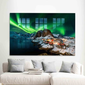 Glass Wall Art, Glass Wall Decor, Mural Art, Northern Lights Landscape, Lofoten Glass, Northern Lights Glass Wall, Norway Glass Printing,