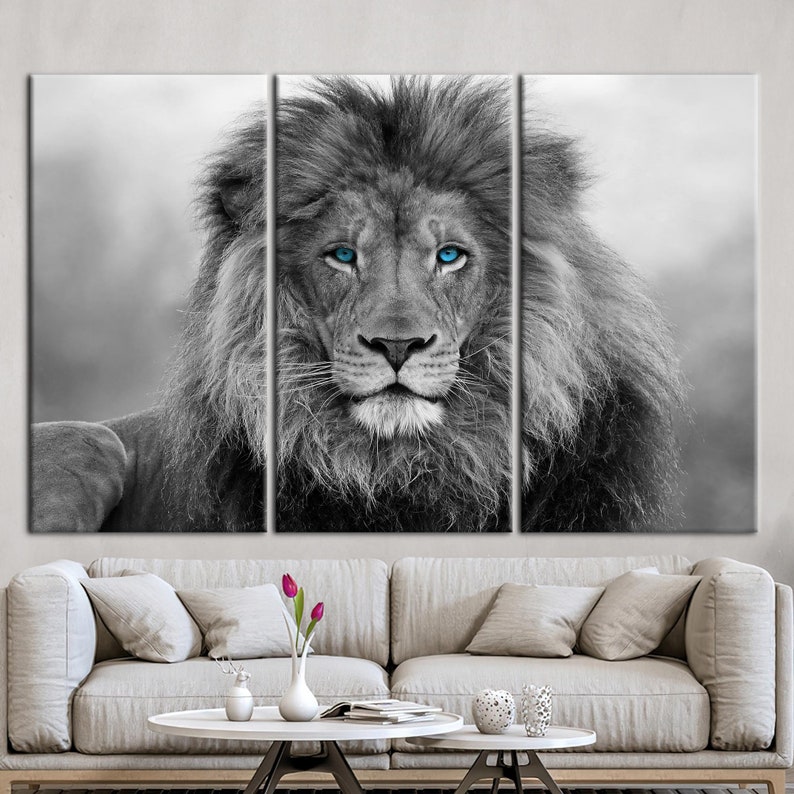 Blau gemusterter Löwe Wandbild, Tierleinwand Kunst, Wildtier Wandkunst, Loft Wandkunst, Wildtier Leinwand, Löwe-Wand-Dekor, Wilde Löwen-Wandkunst, Bild 3
