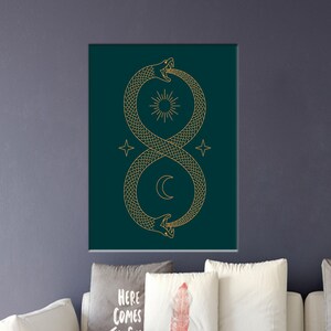 May include: A gold outline of two snakes intertwined in the shape of an infinity symbol on a dark teal background. The snakes are facing each other with their mouths open. A sun and moon are inside the symbol, and two stars are above and below the symbol.