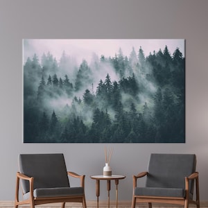 Nebligen Berg gedruckt, Waldlandschaft gedruckt, Ansicht Leinwand Kunst, Berglandschaft Wand-Dekor, nebliger Wald gedruckt, Wald Wandkunst,