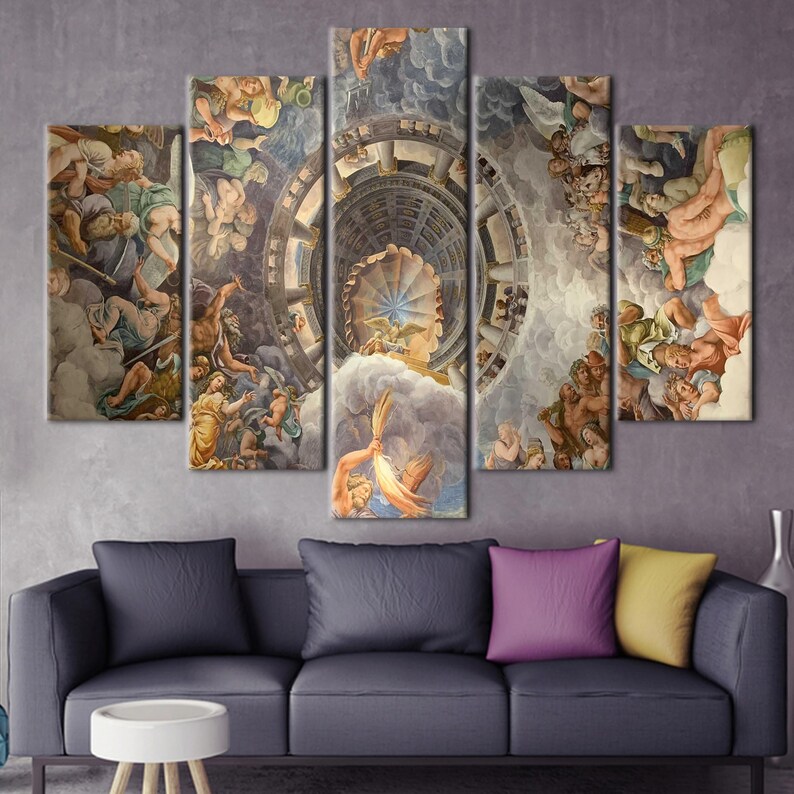 Pintura de Giulio Romano, Arte de reproducción, Obras de arte famosas, Obras de arte de la Vista del Olimpo, Decoración de pared del Hogar de los Dioses, Impresión de pintura al óleo, 5P Mix:Gallery Wrap