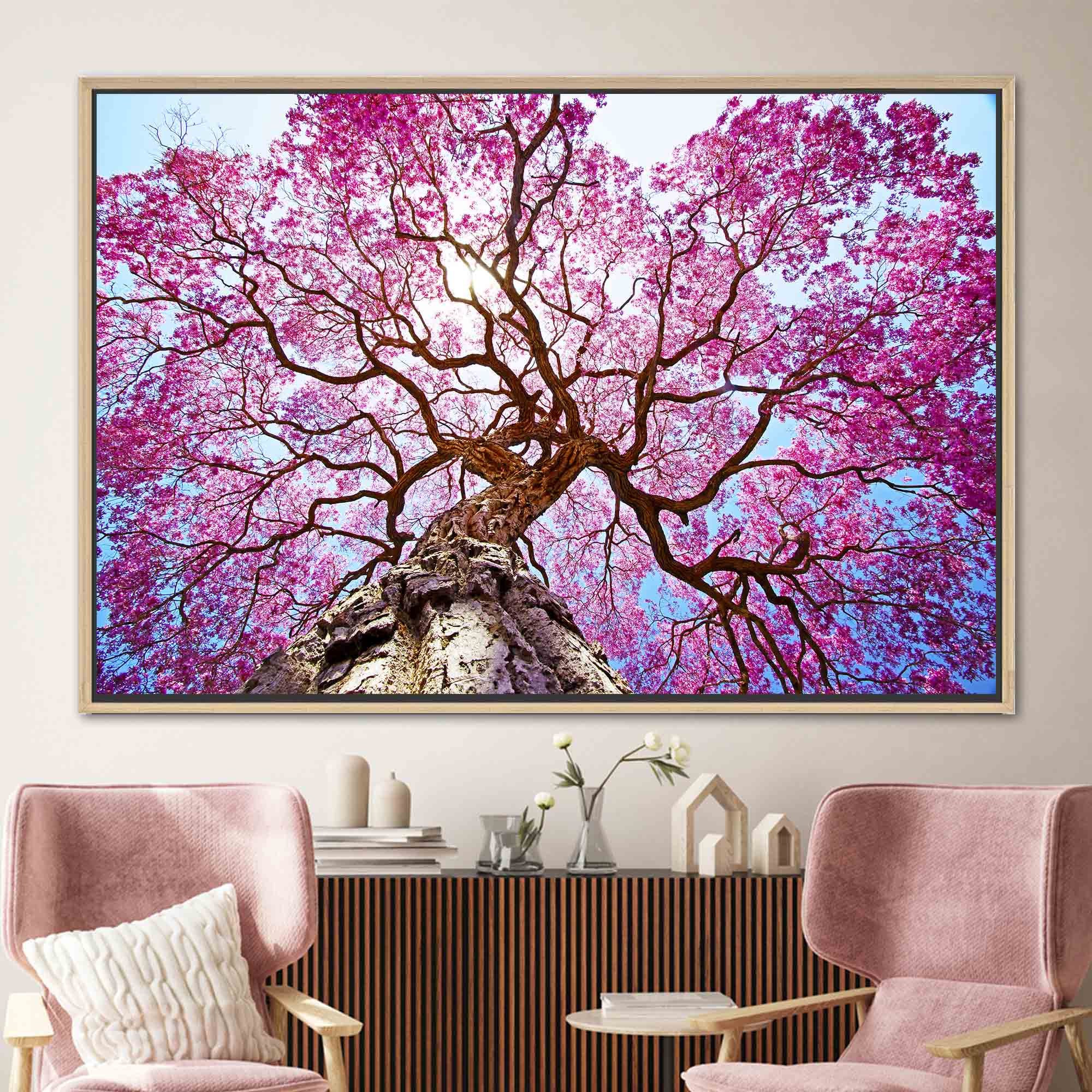 Pink Blossom Tree Canvas Art, Upward Spring Nature Wall Decor