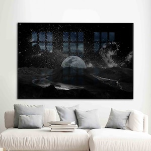 Arte mural, decoración de pared, arte de pared de vidrio, paisaje de cielo estrellado, decoración de vidrio de luna llena, arte de vidrio de galaxia, decoración de pared de paisaje nocturno,