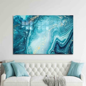 Wall Decoration, Mural Art, Glass Wall Art, Blue Tones Marble, Abstract Wall Decor, Modern Tempered Glass, Luxury Marble Glass Art,