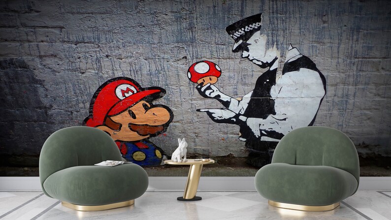 Graffiti Mural, Super Mario Graffiti Wall Paper, Gaming Room Wall Art, Mario Graffiti Mural, Banksy Wall Paper, Street Wall Poster, image 4