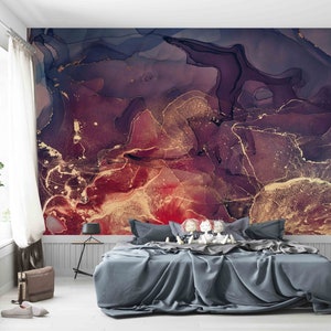 Red And Purple Marble, Marble Wallpaper, Gold Marble Wall Art, Red Marble Wall Poster, Contemporary Wall Decor,