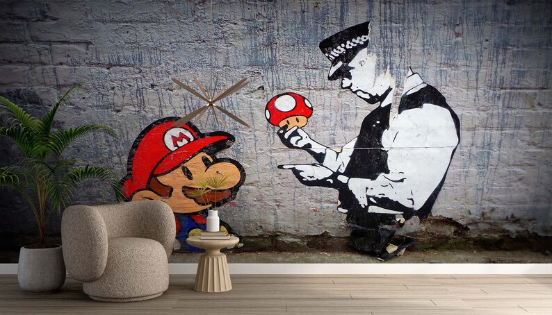 Graffiti Mural, Super Mario Graffiti Wall Paper, Gaming Room Wall Art, Mario Graffiti Mural, Banksy Wall Paper, Street Wall Poster, image 6